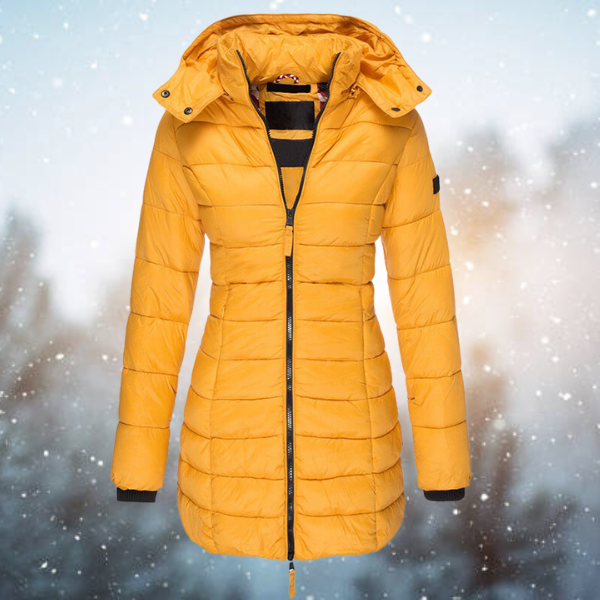 Women's Long Quilted Jacket with Hood in Yellow