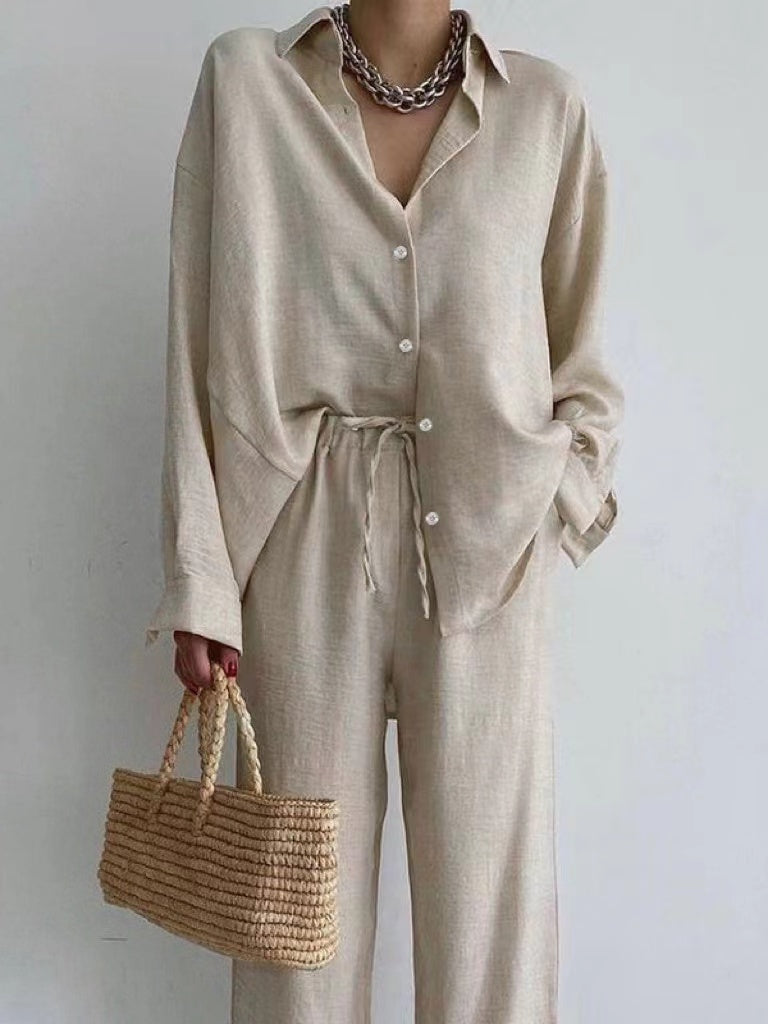 Women's Long-Sleeve Blouse and Trousers Set in Beige