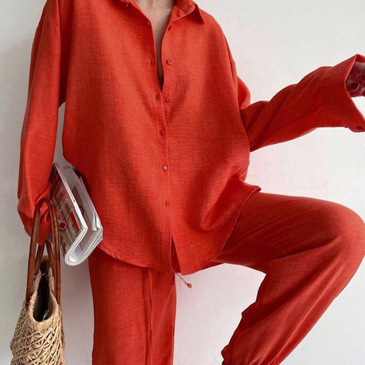Women's Long-Sleeve Blouse and Trousers Set in Orange