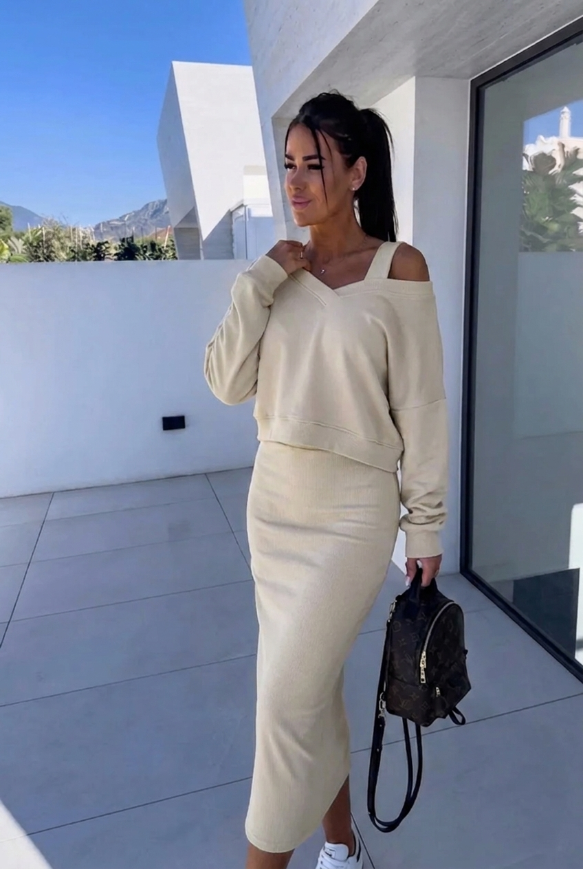 Women's Long-Sleeve Casual Dress and Sweatshirt Set in Beige