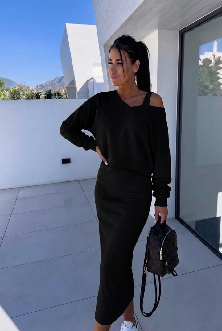 Women's Long-Sleeve Casual Dress and Sweatshirt Set in Black