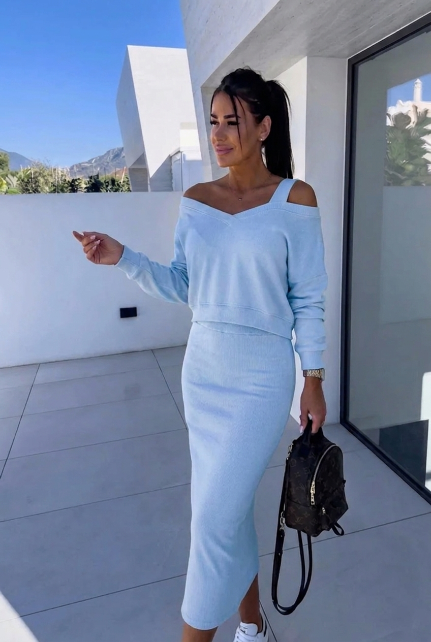 Women's Long-Sleeve Casual Dress and Sweatshirt Set in Blue
