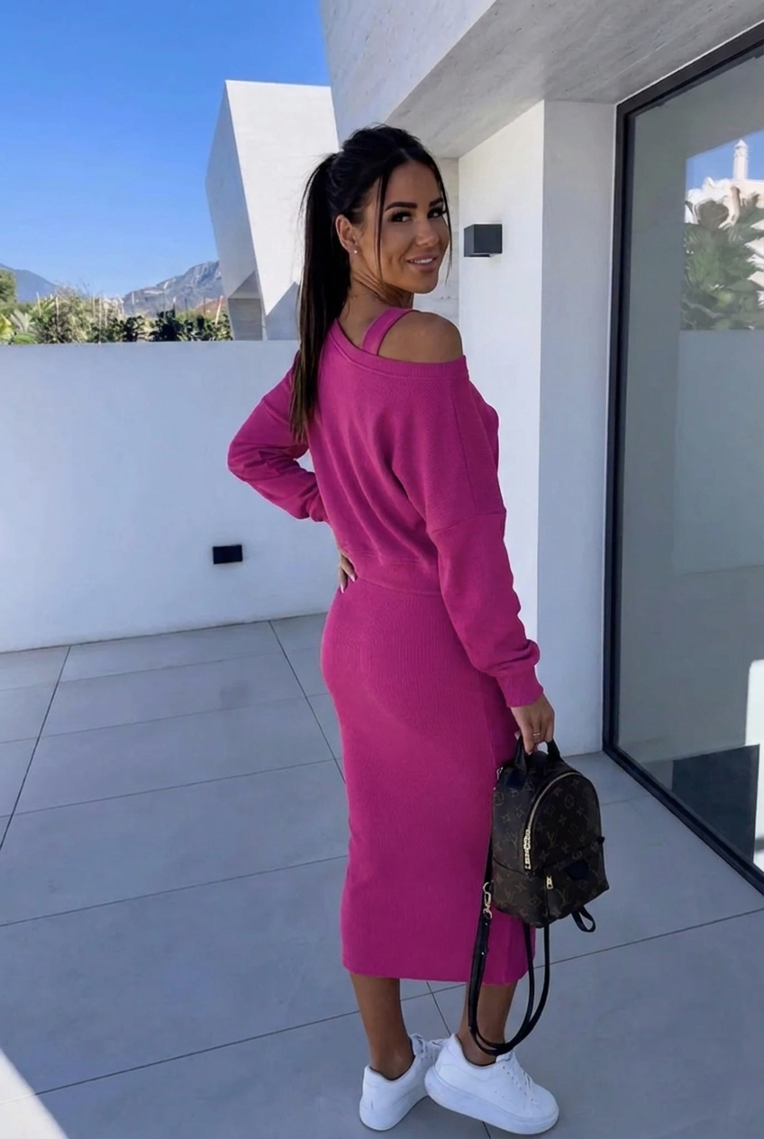 Women's Long-Sleeve Casual Dress and Sweatshirt Set in Fuchsia