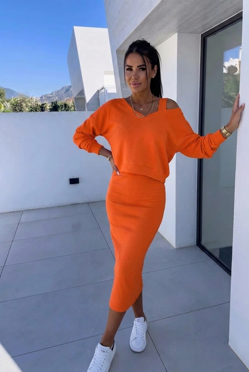 Women's Long-Sleeve Casual Dress and Sweatshirt Set in Orange