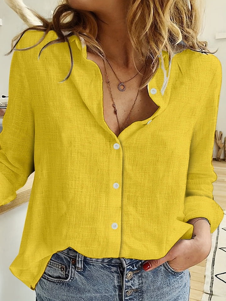 Women's Long-Sleeve Linen Shirt for Spring in Yellow