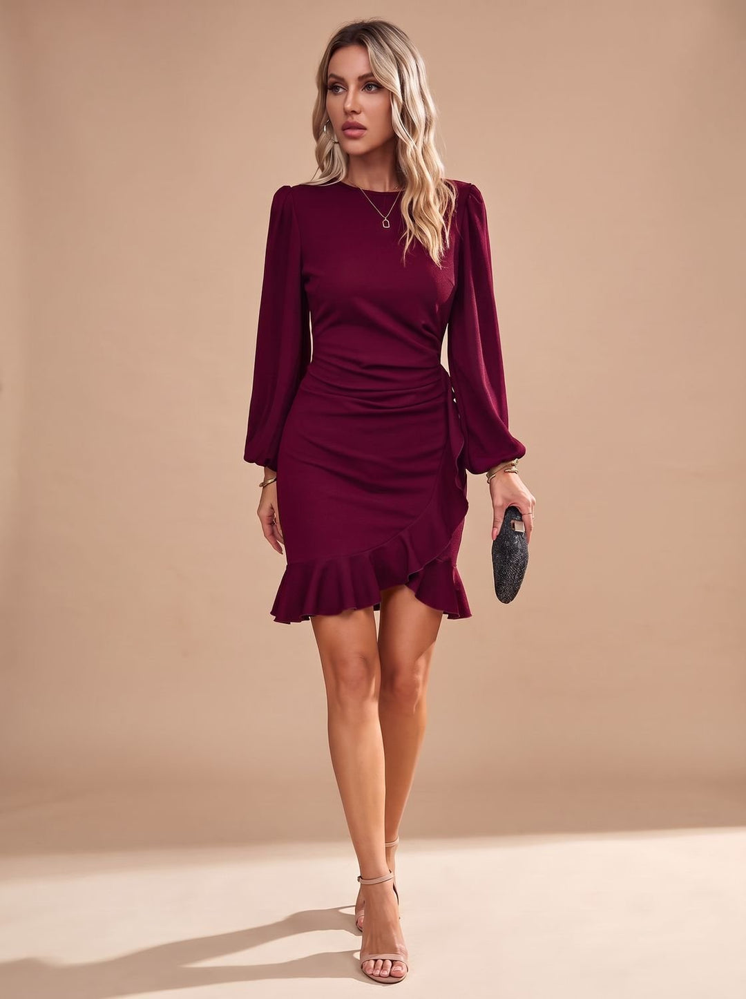 Women's Long-Sleeve Mini Christmas Party Dress in Burgundy