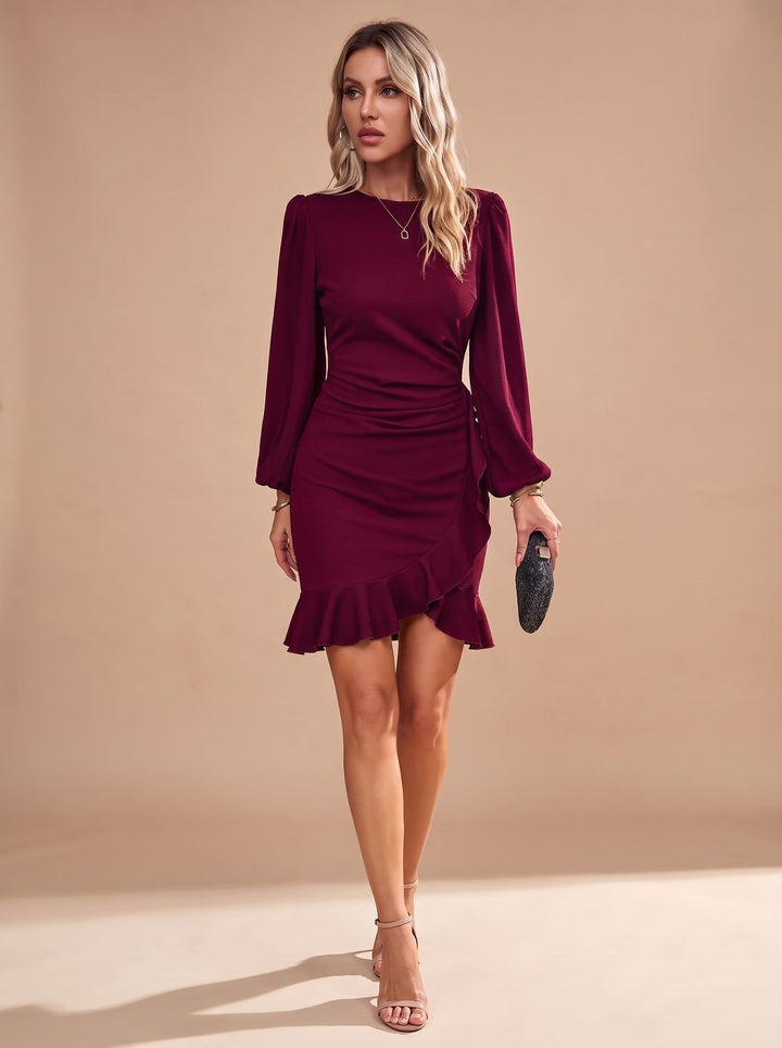 Women's Long-Sleeve Mini Christmas Party Dress in Burgundy