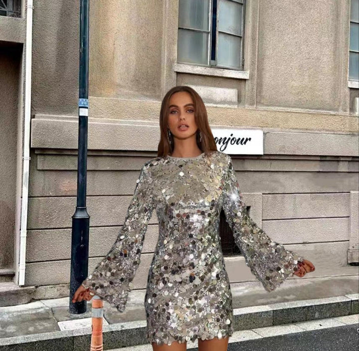 Women's Long Sleeve Sequin Dress for Cocktails in Silver-coloured