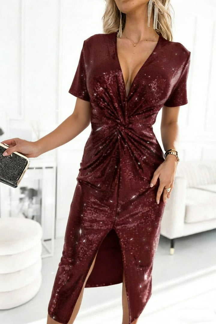 Women's Long-Sleeve Sequin Dress in Midi in Burgundy