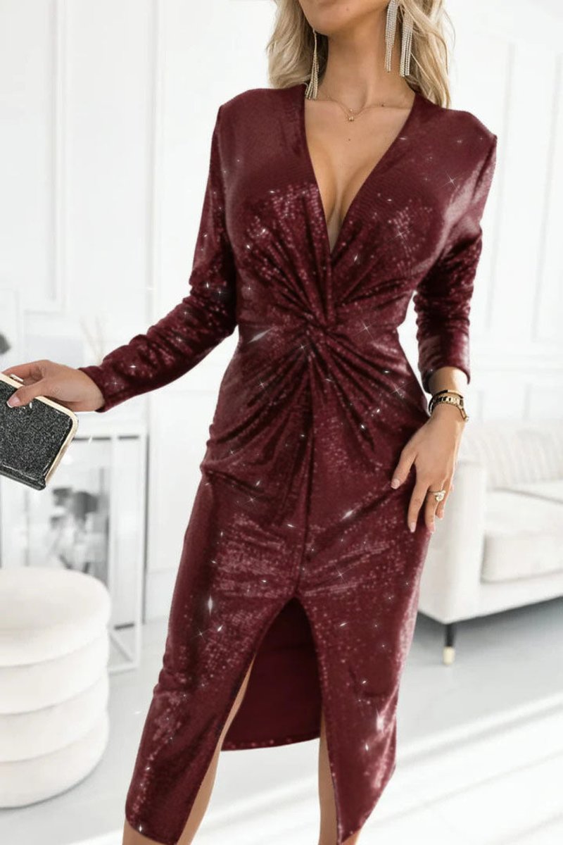 Women's Long-Sleeve Sequin Dress in Midi in Red