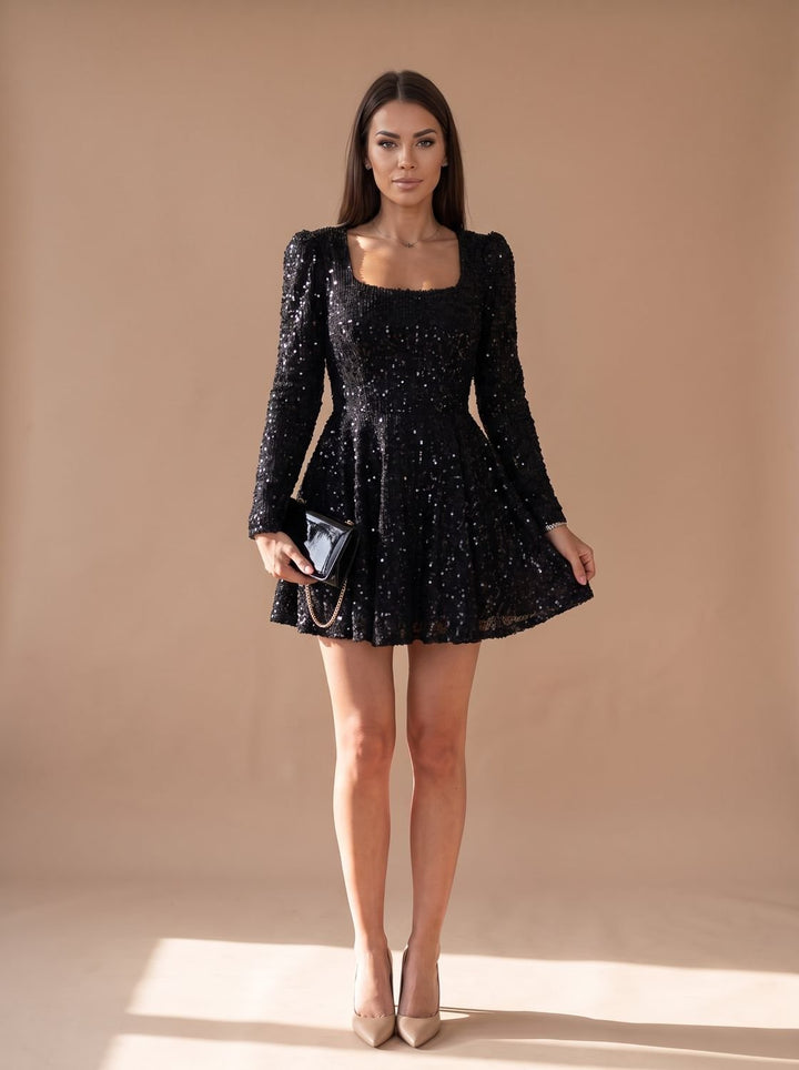 Women's Long-Sleeve Sequin Mini Christmas Party Dress in Black 3