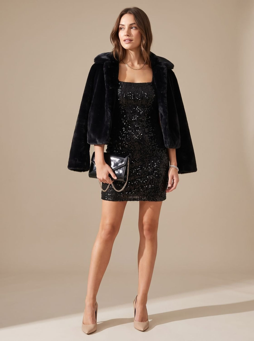 Women's Long-Sleeve Sequin Mini Christmas Party Dress in Black 4