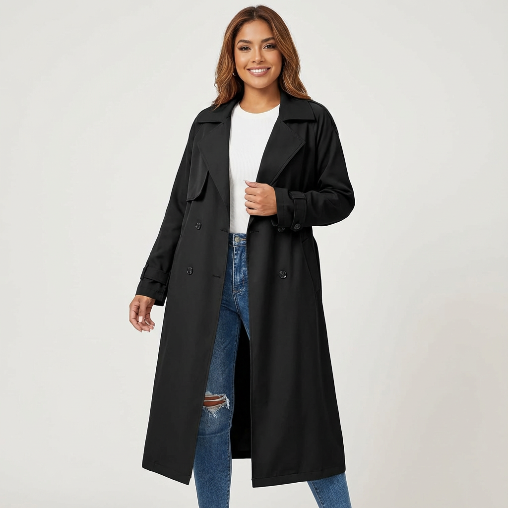 Women's Long Trench Coat for Autumn Elegance in Black