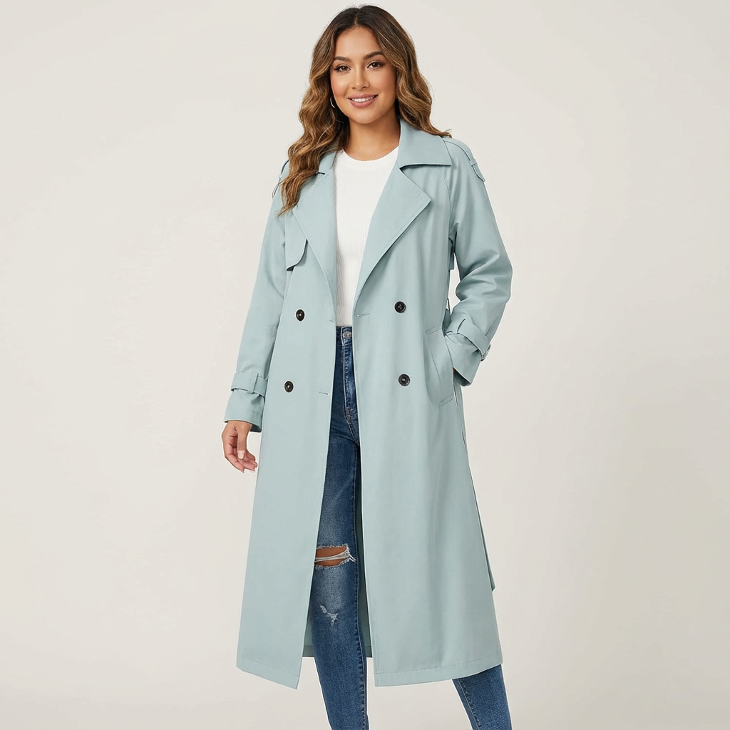 Women's Long Trench Coat for Autumn Elegance in Blue