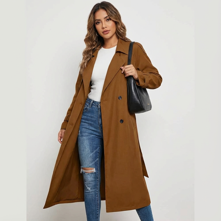 Women's Long Trench Coat for Autumn Elegance in Brown
