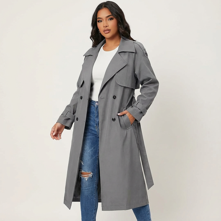 Women's Long Trench Coat for Autumn Elegance in Grey