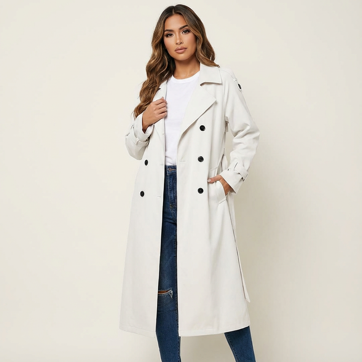 Women's Long Trench Coat for Autumn Elegance in White