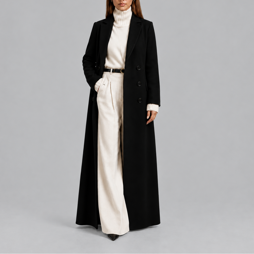 Women's Longline Double-Breasted Trench Coat in Black