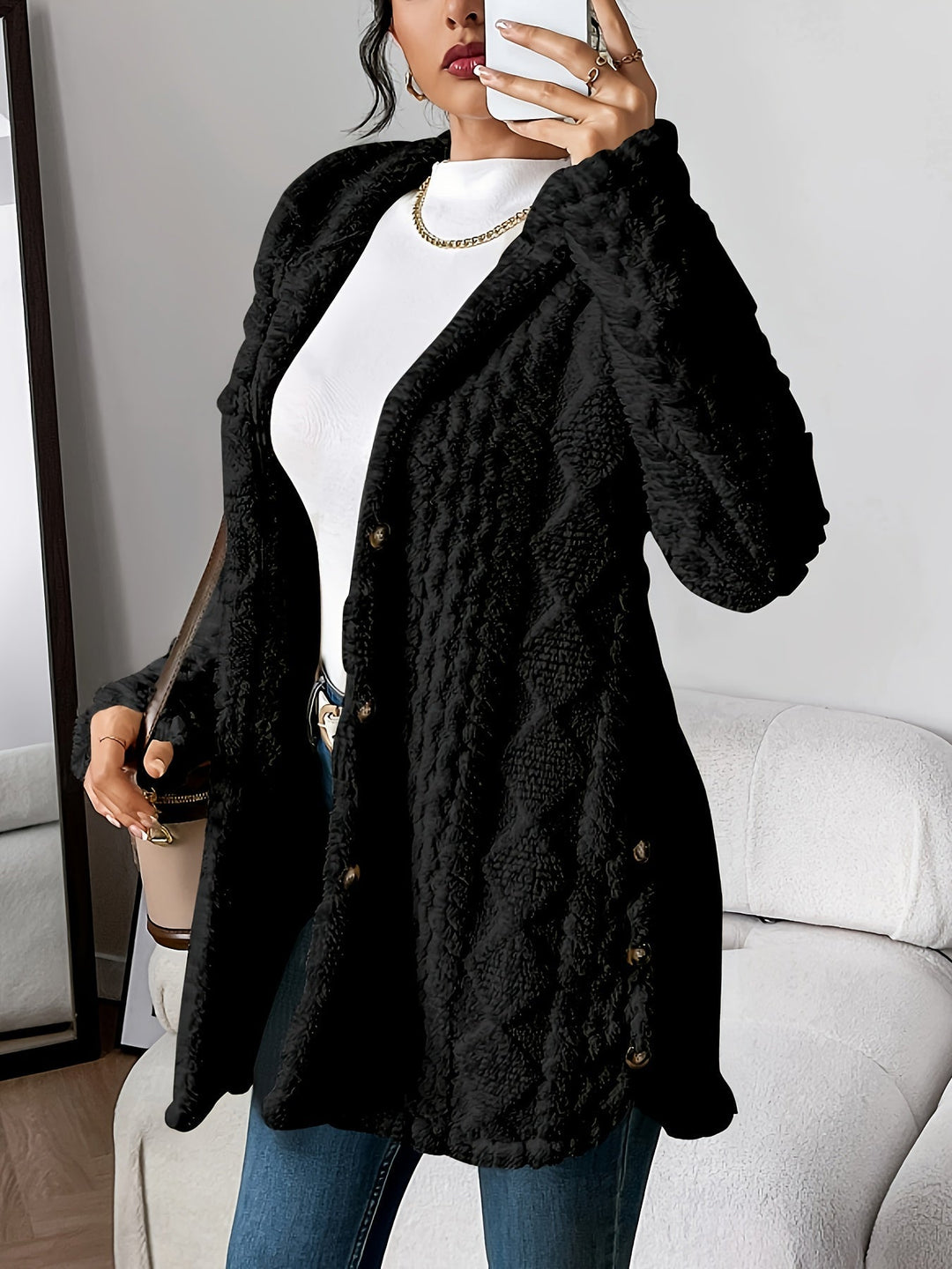 Women's Longline Textured Cardigan for Autumn in Black