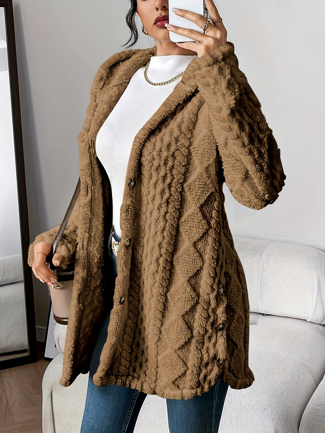 Women's Longline Textured Cardigan for Autumn in Brown