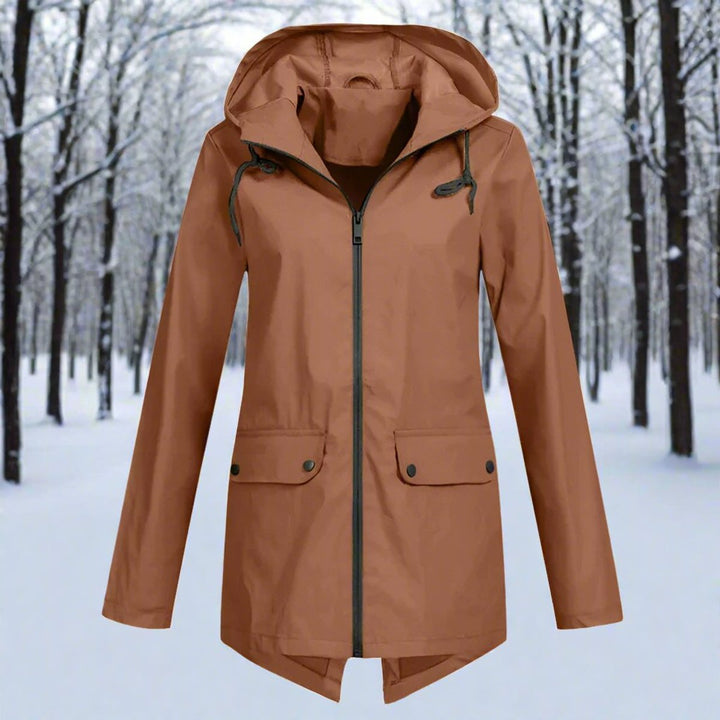 Women's Longline Waterproof Jacket for Autumn in Coffee