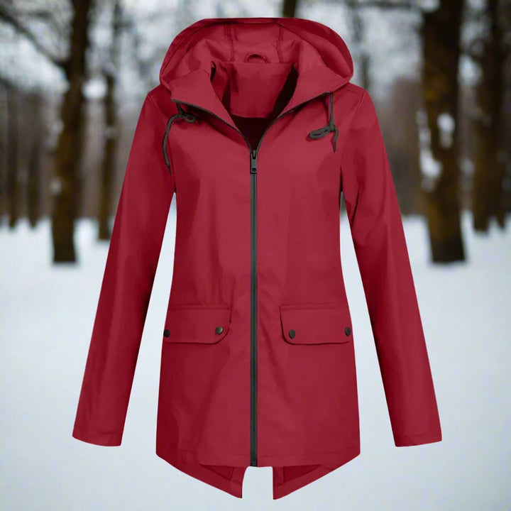 Women's Longline Waterproof Jacket for Autumn in Wine Red