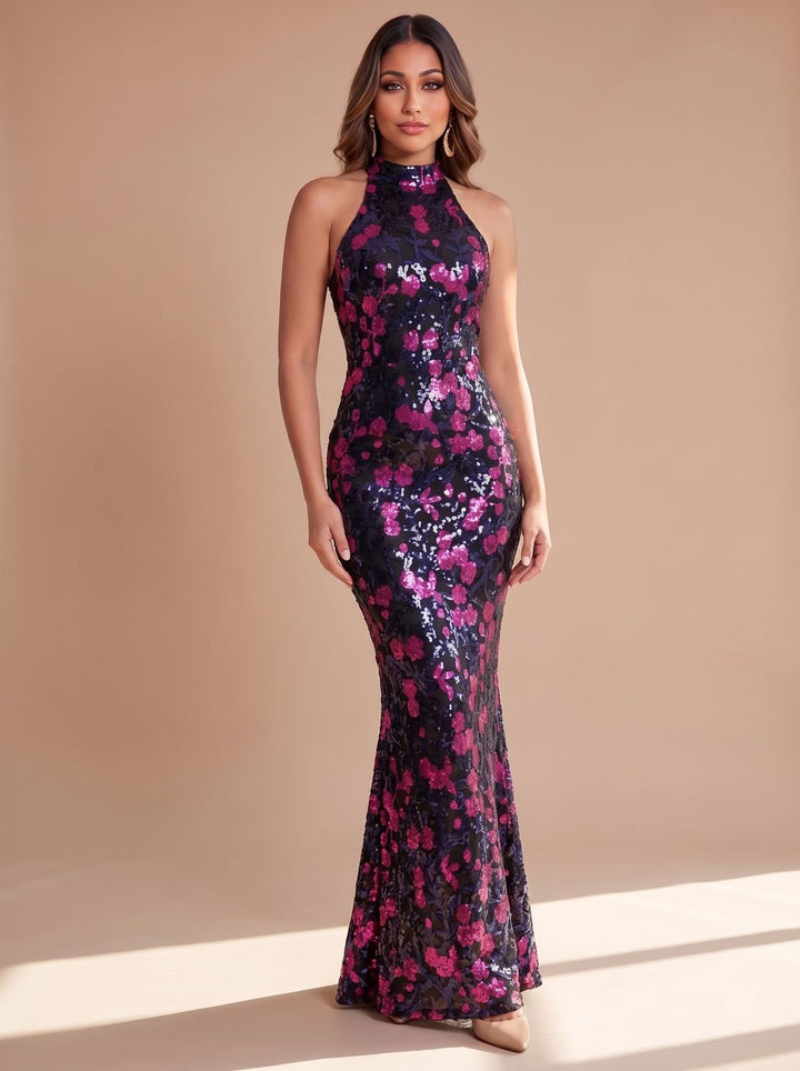 Women's Mermaid Sequin Maxi Christmas Party Dress in Purple