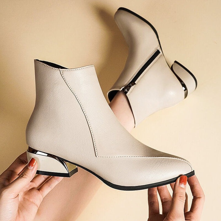 Women's Metallic Knee-High Boots with Zipper in Off-White