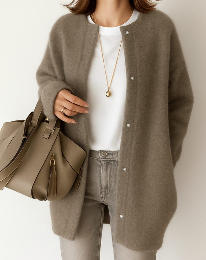 Women's Mid-Thigh Button-Front Jumper Cardigan with Pockets in Coffee