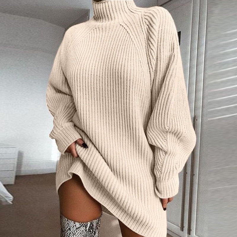 Women's Mini Knit Sweater Dress for Autumn in Beige