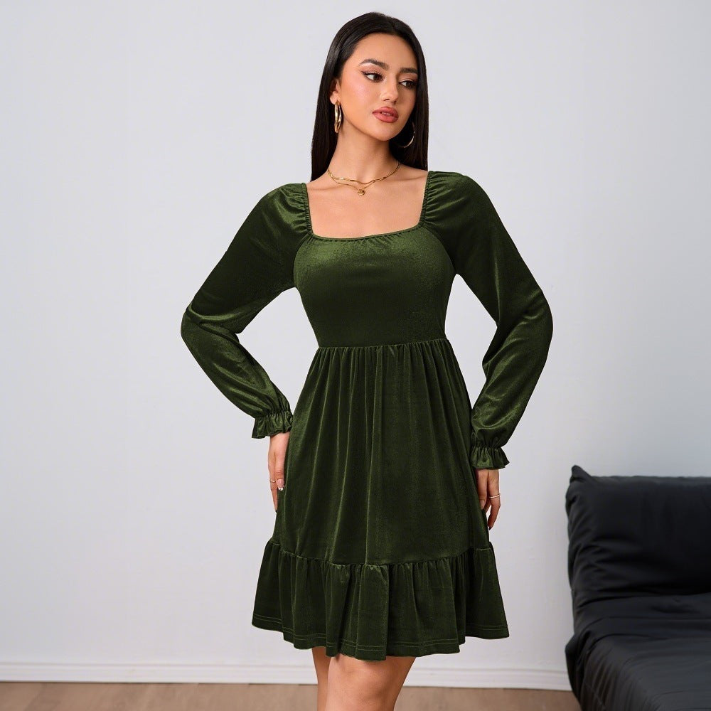 Women's Mini Velvet Tiered Christmas Party Dress in Olive Green