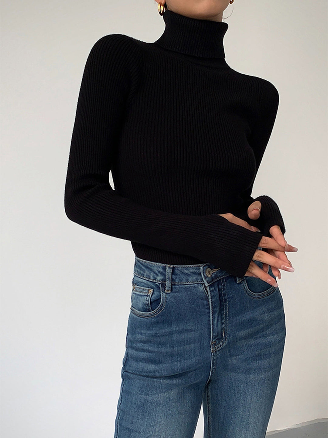 Women's Minimalist Jumper Dress Turtleneck in Black