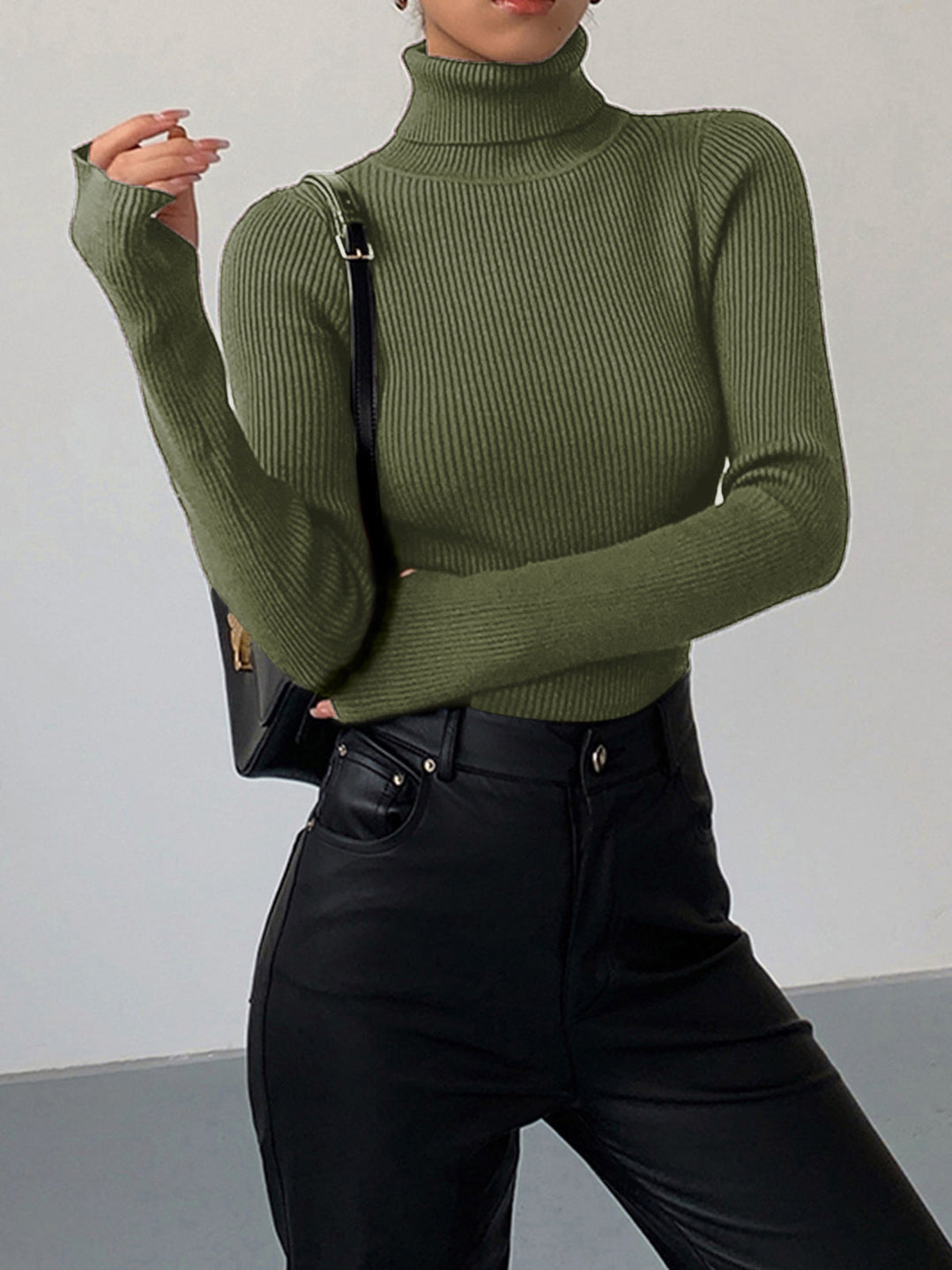Women's Minimalist Jumper Dress Turtleneck in Green