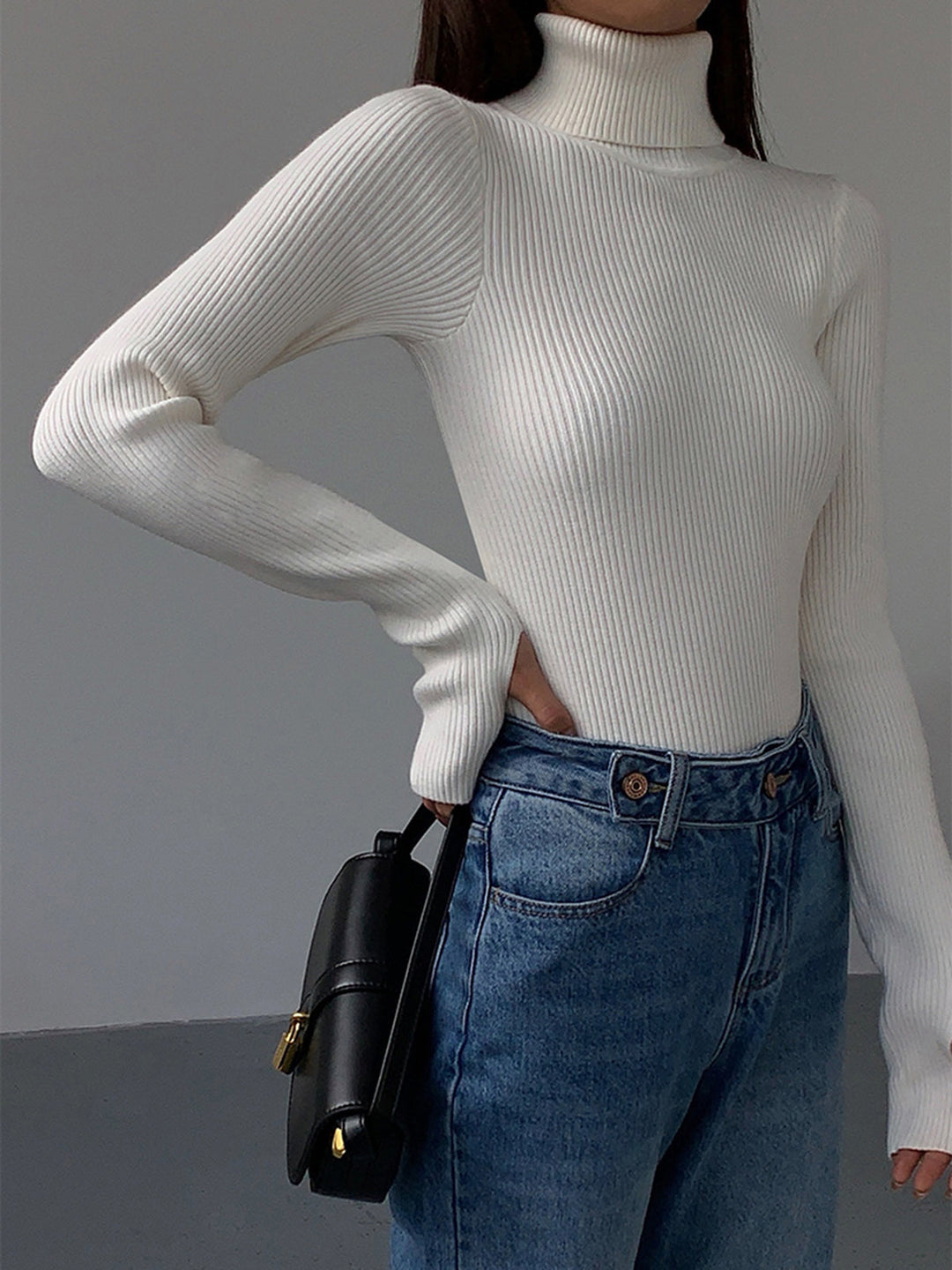 Women's Minimalist Jumper Dress Turtleneck in White