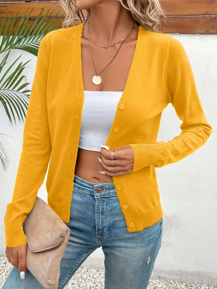 Women's Minimalist Knit Cardigan for Layering in Yellow