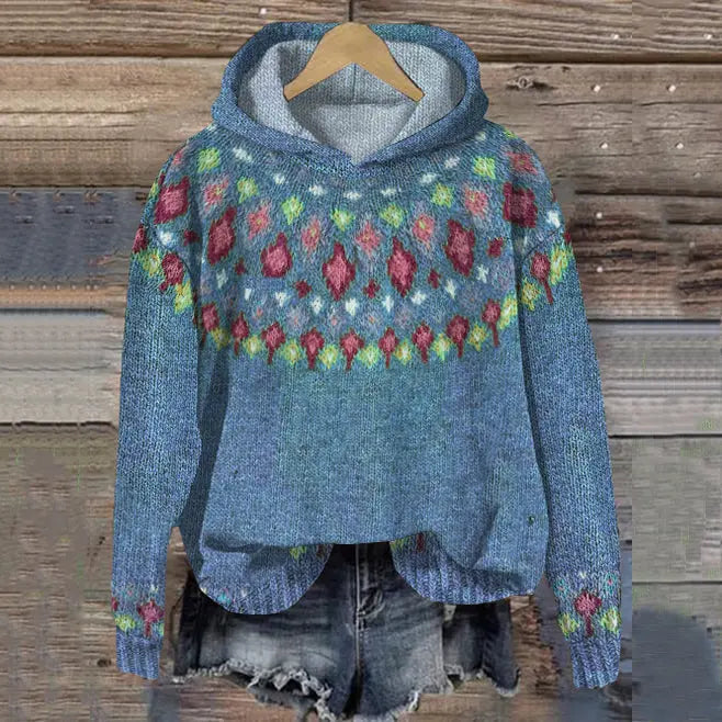 Women's Nordic Patterned Hoodie for Autumn in Blue