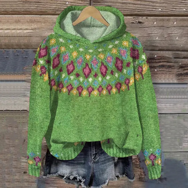 Women's Nordic Patterned Hoodie for Autumn in Green