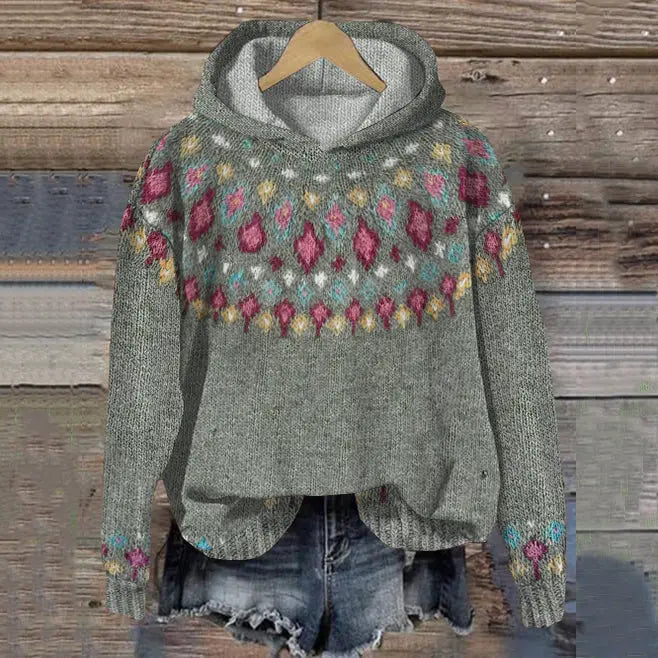 Women's Nordic Patterned Hoodie for Autumn in Grey