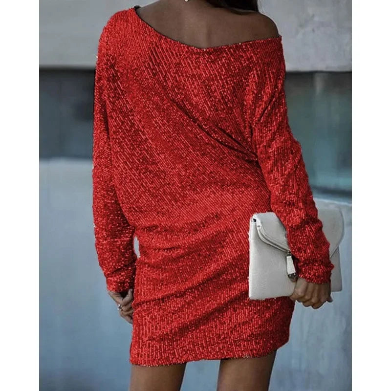 Women's Off-Shoulder Sequined Mini Christmas Party Dress (2)