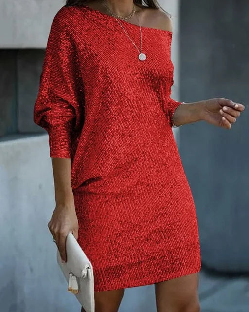 Women's Off-Shoulder Sequined Mini Christmas Party Dress in Red
