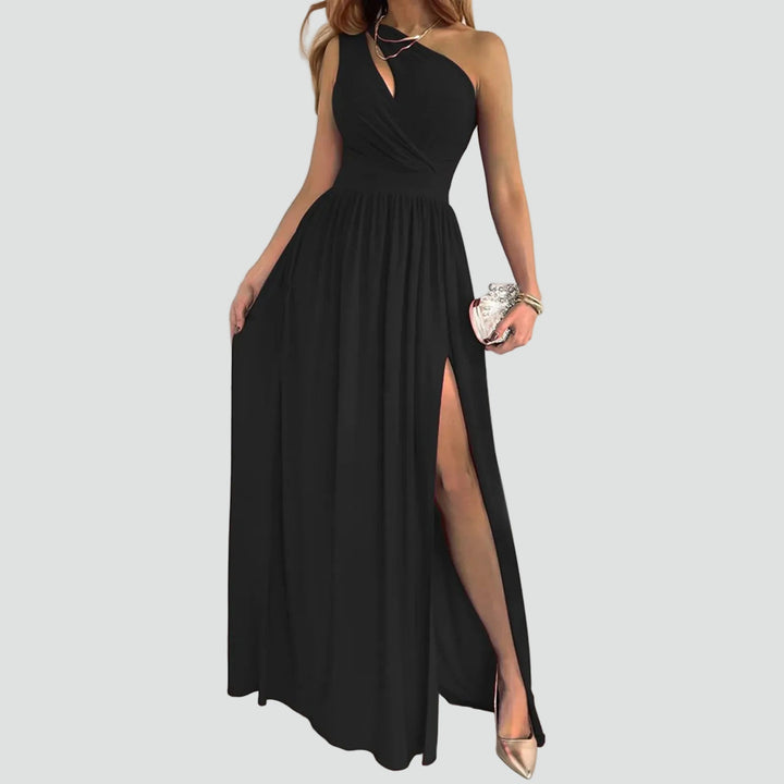 Women's One-Shoulder Maxi Cocktail Dress with Slit in Black