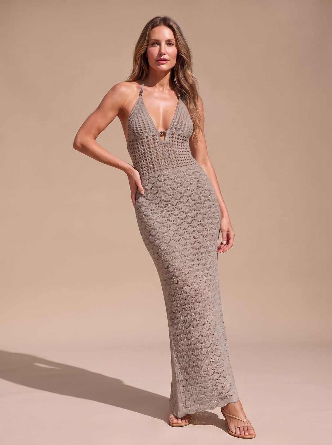 Women's Open-Knit Maxi Jumper Dress in Grey