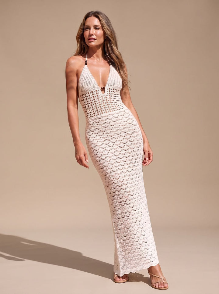 Women's Open-Knit Maxi Jumper Dress in White