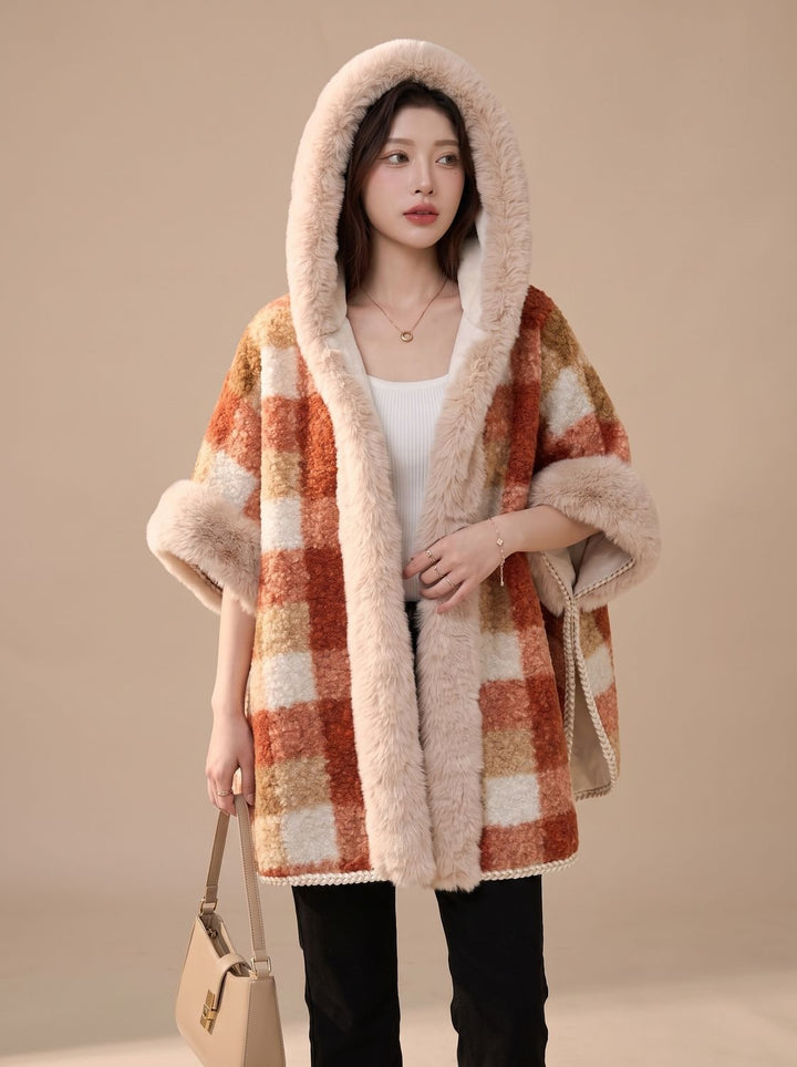 Women's Orange Checked Hooded Trench Coat (3)