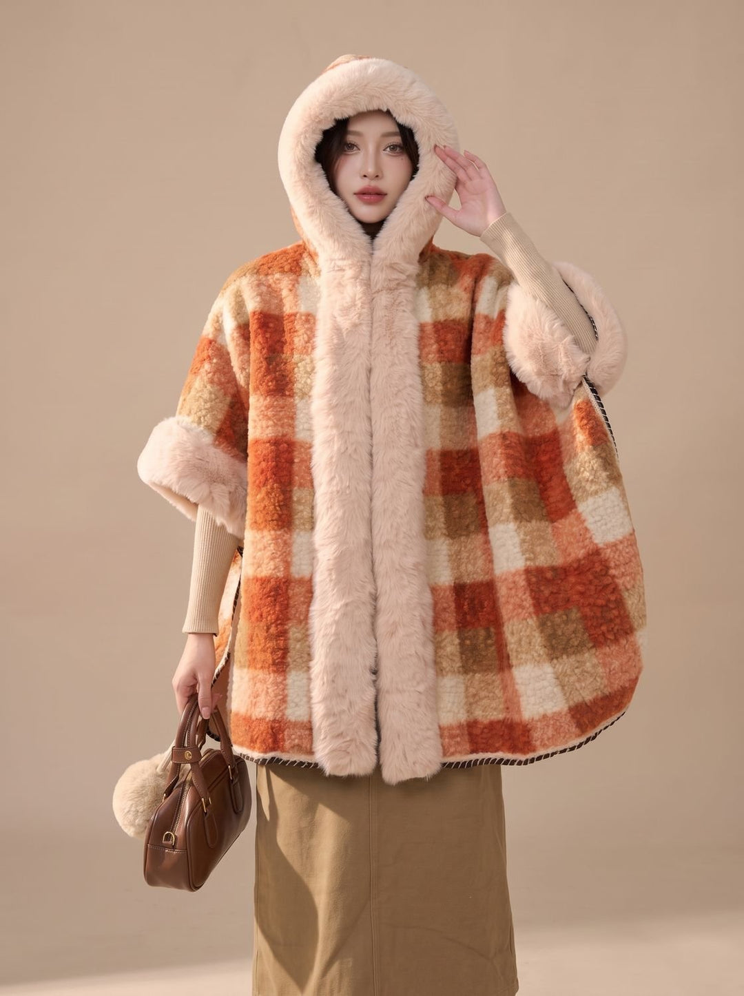 Women's Orange Checked Hooded Trench Coat (4)