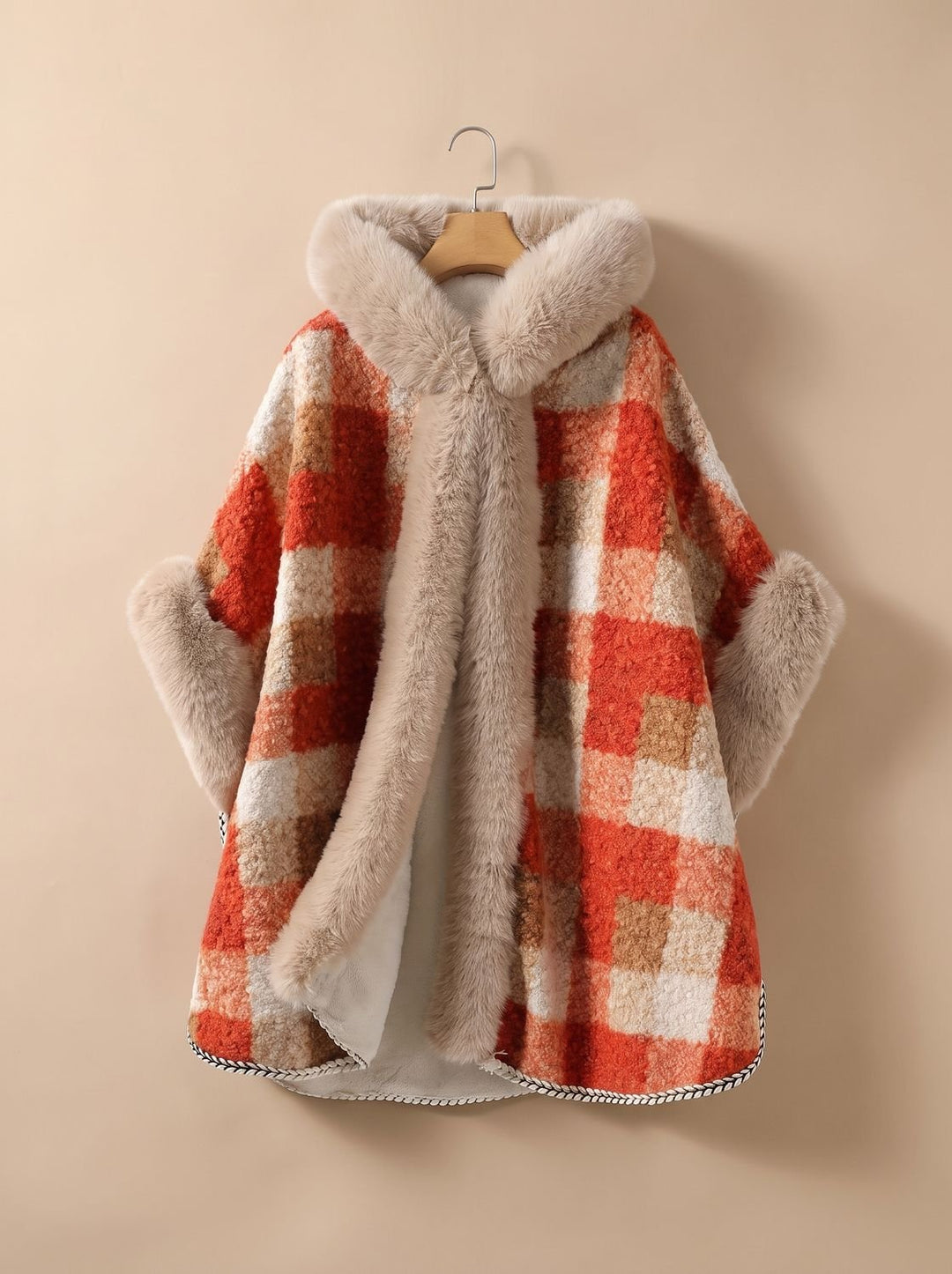 Women's Orange Checked Hooded Trench Coat in Orange