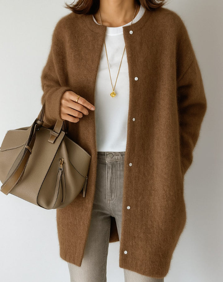 Women's Oversized Button-Front Jumper Dress with Pockets in Caramel