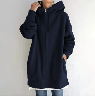 Women's Oversized Cozy Hooded Zip Cardigan in Navy Blue
