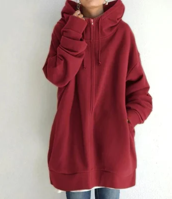 Women's Oversized Cozy Hooded Zip Cardigan in Red