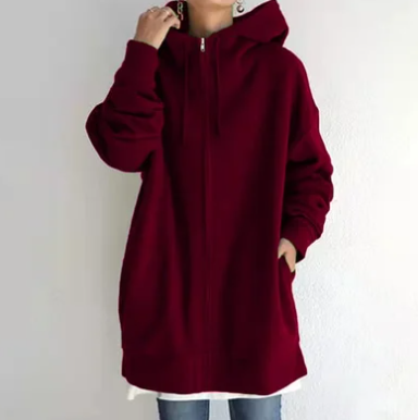 Women's Oversized Cozy Hooded Zip Cardigan in Wine